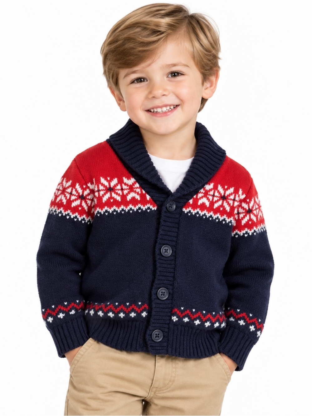 OshKosh B’gosh Cotton/Wool Blend Navy Red Fair Isle Shawl Collar Cardigan, 3T